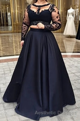 A-Line/Princess Full/Long Sleeve Bateau Long/Floor-Length Satin Evening Prom Dresses With Appliqued